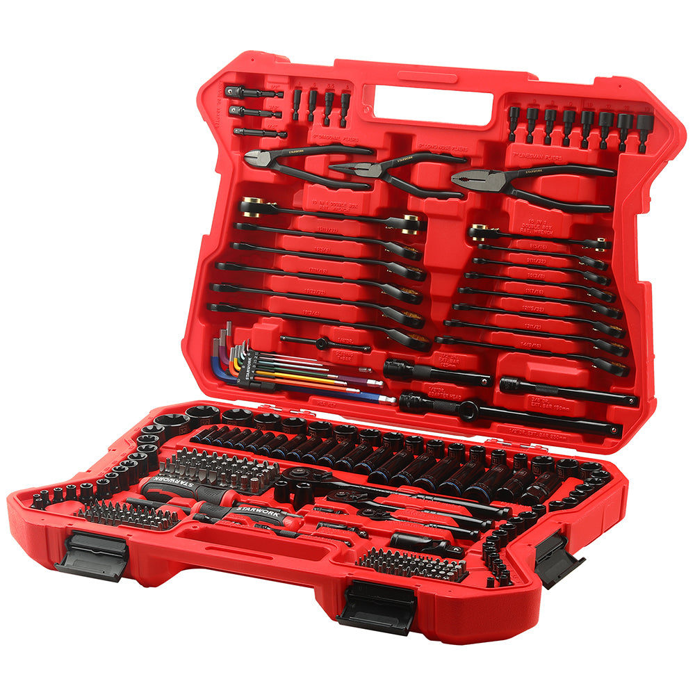 STARWORK True MECHANIC 305-Piece Mechanics Tool Set, 120T, 2-IN-1 Reversible Ratcheting Wrench, Professional Metric Set