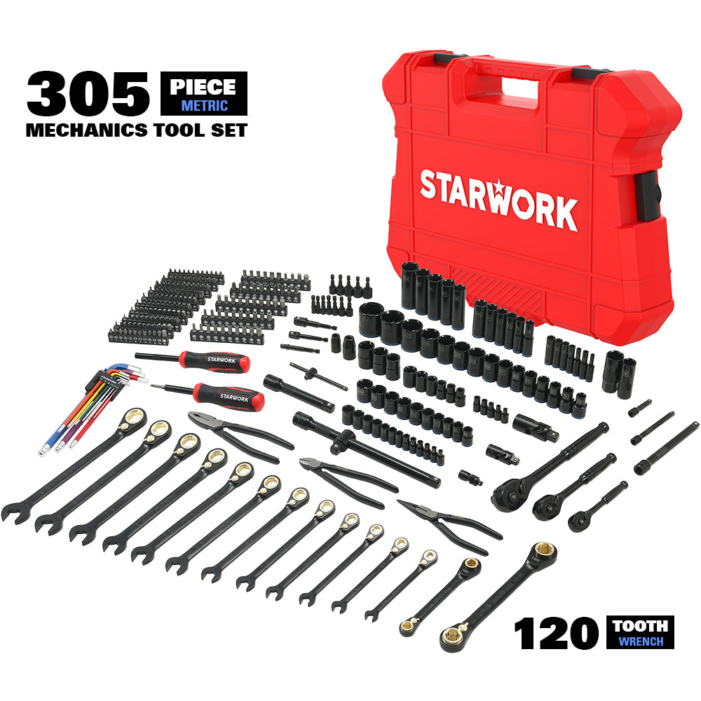 STARWORK TRUE MECHANIC™ 305-Piece Mechanics Tool Set, 120T, 2-IN-1 Reversible Ratcheting Wrench, Professional Metric Set