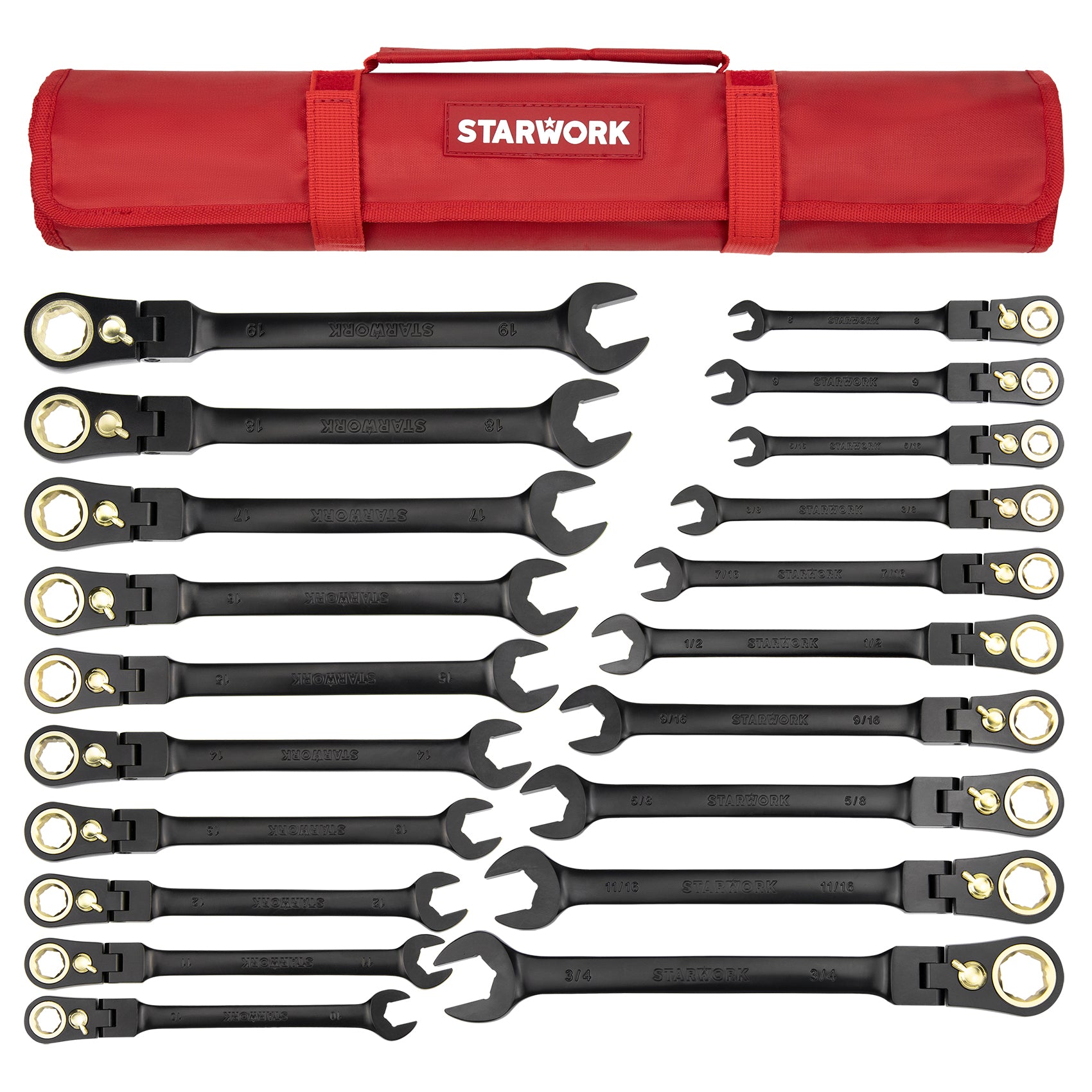 STARWORK TRUE MECHANIC™ 20-Piece, 120T, Reversible, Flexible Ratcheting Wrench Set, Non-Slip, Long Pattern, SAE/Metric, Professional, With Portable Roll-Up Pouch Bag