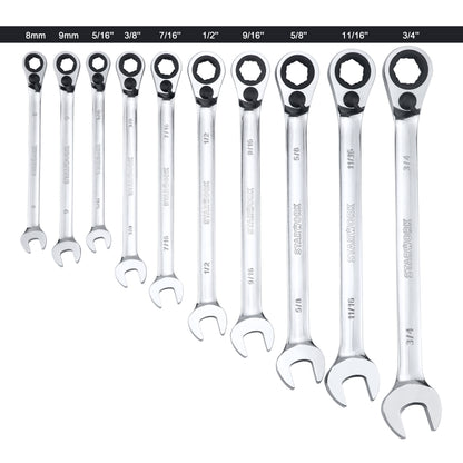 STARWORK TRUE MECHANIC™ 20 Pc. Reversible Ratcheting Combination Wrench Set, Non-Slip, Long Pattern, SAE, Metric, Professional, With Portable Roll-Up Pouch Bag