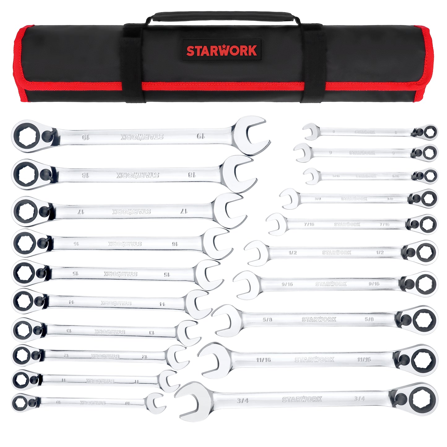 STARWORK TRUE MECHANIC™ 20 Pc. Reversible Ratcheting Combination Wrench Set, Non-Slip, Long Pattern, SAE, Metric, Professional, With Portable Roll-Up Pouch Bag