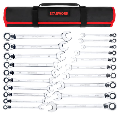 STARWORK TRUE MECHANIC™ 20 Pc. Reversible Ratcheting Combination Wrench Set, Non-Slip, Long Pattern, SAE, Metric, Professional, With Portable Roll-Up Pouch Bag