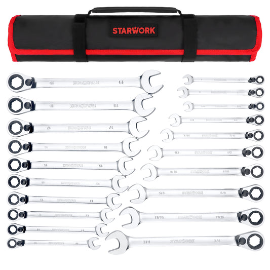 STARWORK TRUE MECHANIC™ 20 Pc. Reversible Ratcheting Combination Wrench Set, Non-Slip, Long Pattern, SAE, Metric, Professional, With Portable Roll-Up Pouch Bag