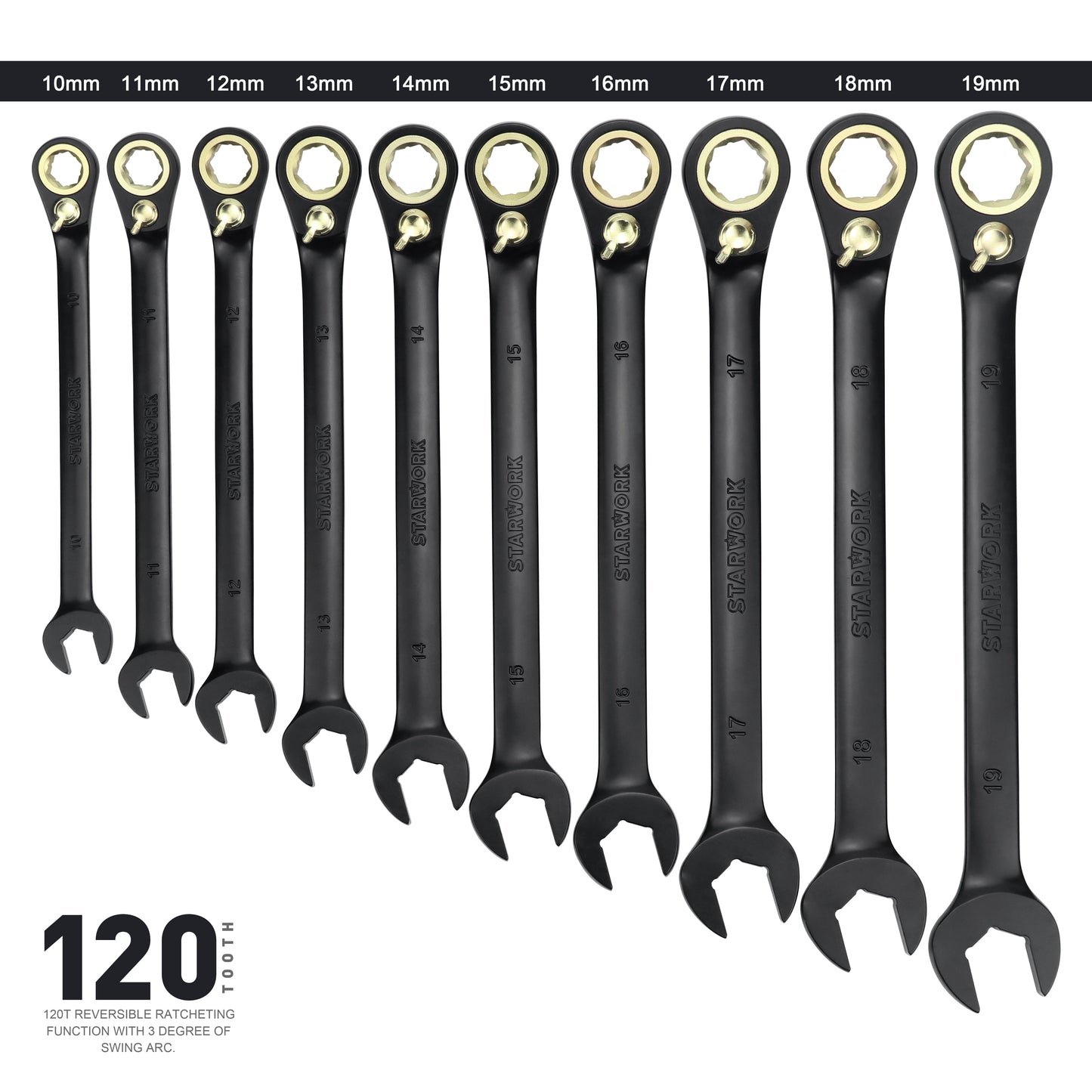 STARWORK TRUE MECHANIC™ 20 Pc. 120T Reversible Ratcheting Combination Wrench Set, Long Pattern, SAE, Metric, Professional, With Portable Roll-Up Pouch Bag