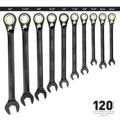 STARWORK TRUE MECHANIC™ 20 Pc. 120T Reversible Ratcheting Combination Wrench Set, Long Pattern, SAE, Metric, Professional, With Portable Roll-Up Pouch Bag