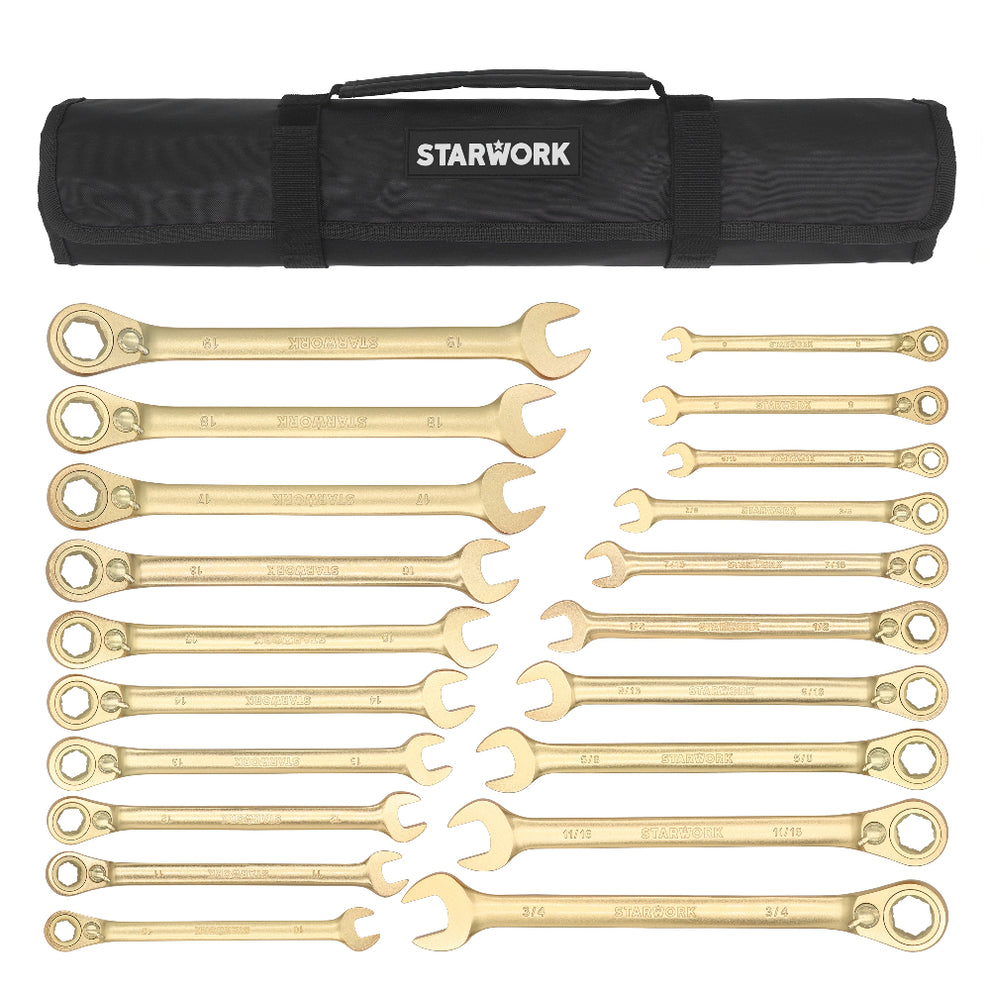 STARWORK 20 Pc. 6-Point SAE, Metric 15° Offset Vintage G-Plating Rever