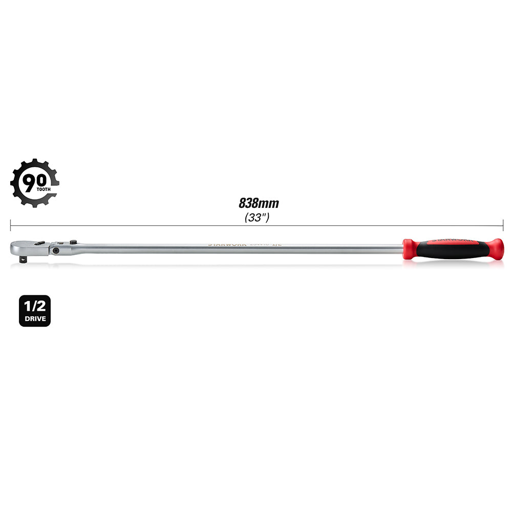 STARWORK TRUE MECHANIC™ 1/2" Drive 90 Tooth Dust-Proof Matte Chrome Locking Flex Ratchet, Extra Long 33" Length