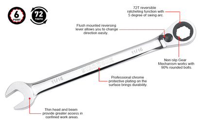 STARWORK TRUE MECHANIC™ 20 Pc. Reversible Ratcheting Combination Wrench Set, Non-Slip, Long Pattern, SAE, Metric, Professional, With Portable Roll-Up Pouch Bag