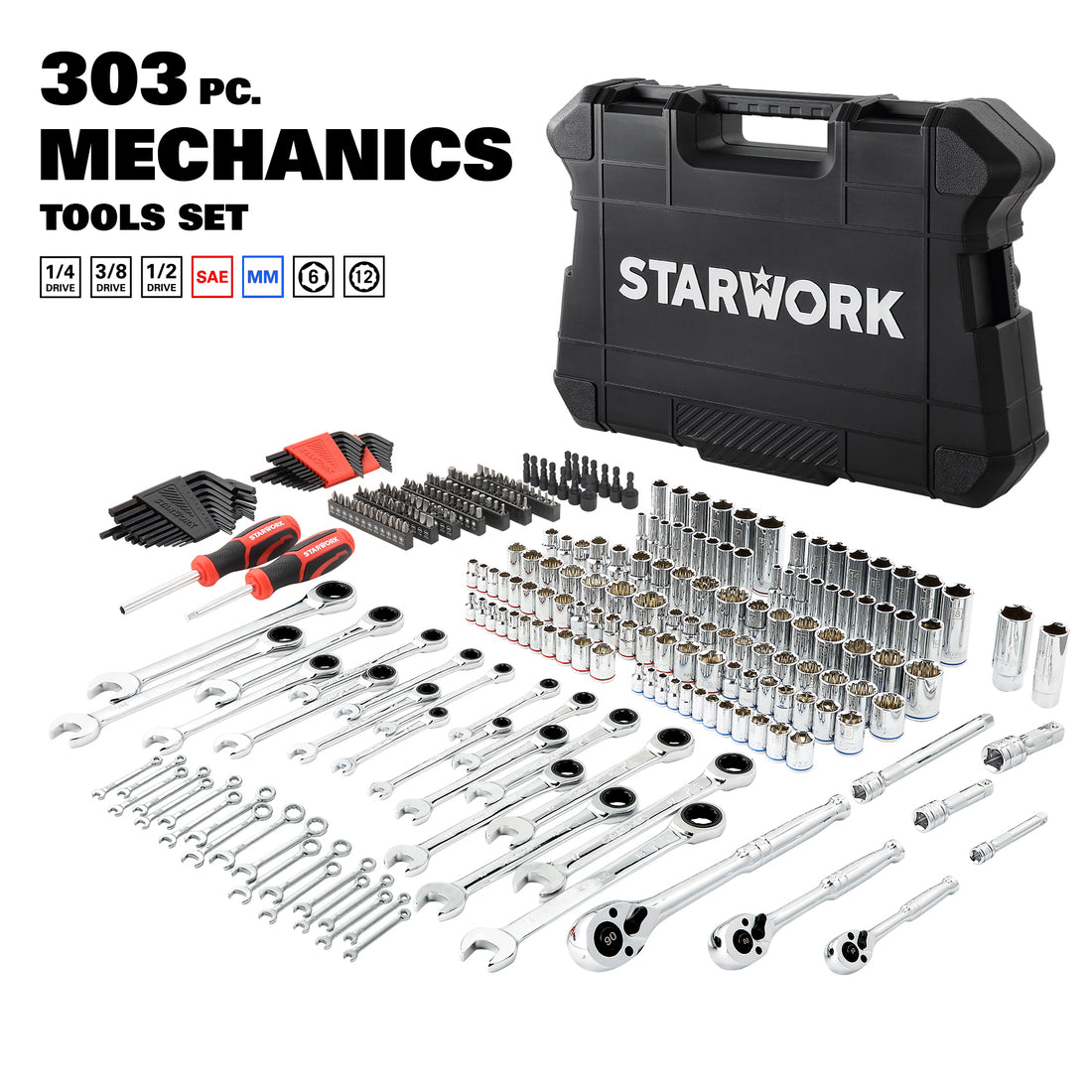 STARWORK TRUE MECHANIC™ 303-Piece Mechanics Tool Set and Socket Set, 1/4",  3/8", 1/2" Drive, Professional, SAE/Metric