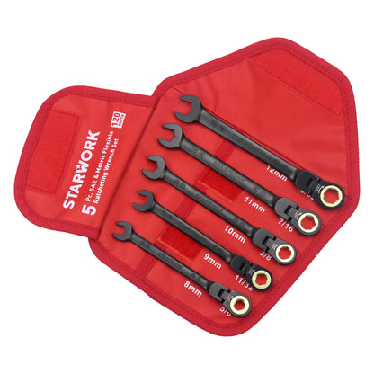 STARWORK TRUE MECHANIC™ 5Pc. 120T SAE&Metric Flexible Ratcheting Wrench Set, Professional, With Roll-Up Pouch Bag