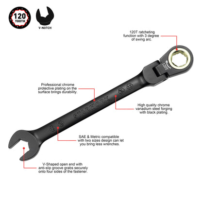 STARWORK TRUE MECHANIC™ 5Pc. 120T SAE&Metric Flexible Ratcheting Wrench Set, Professional, With Roll-Up Pouch Bag