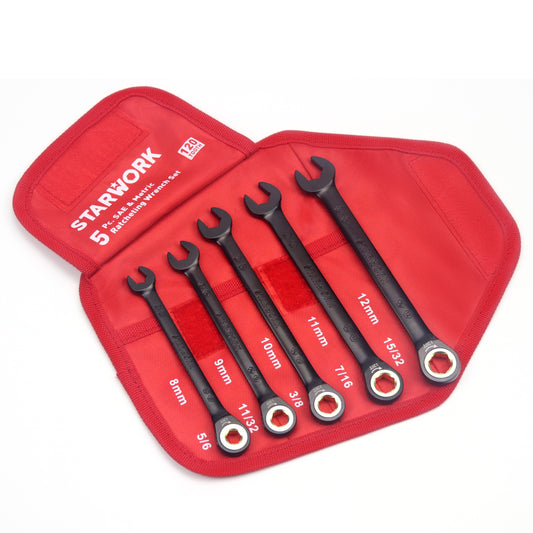 STARWORK TRUE MECHANIC™ 5Pc. 120T SAE&Metric Ratcheting Wrench Set, Professional, With Roll-Up Pouch Bag