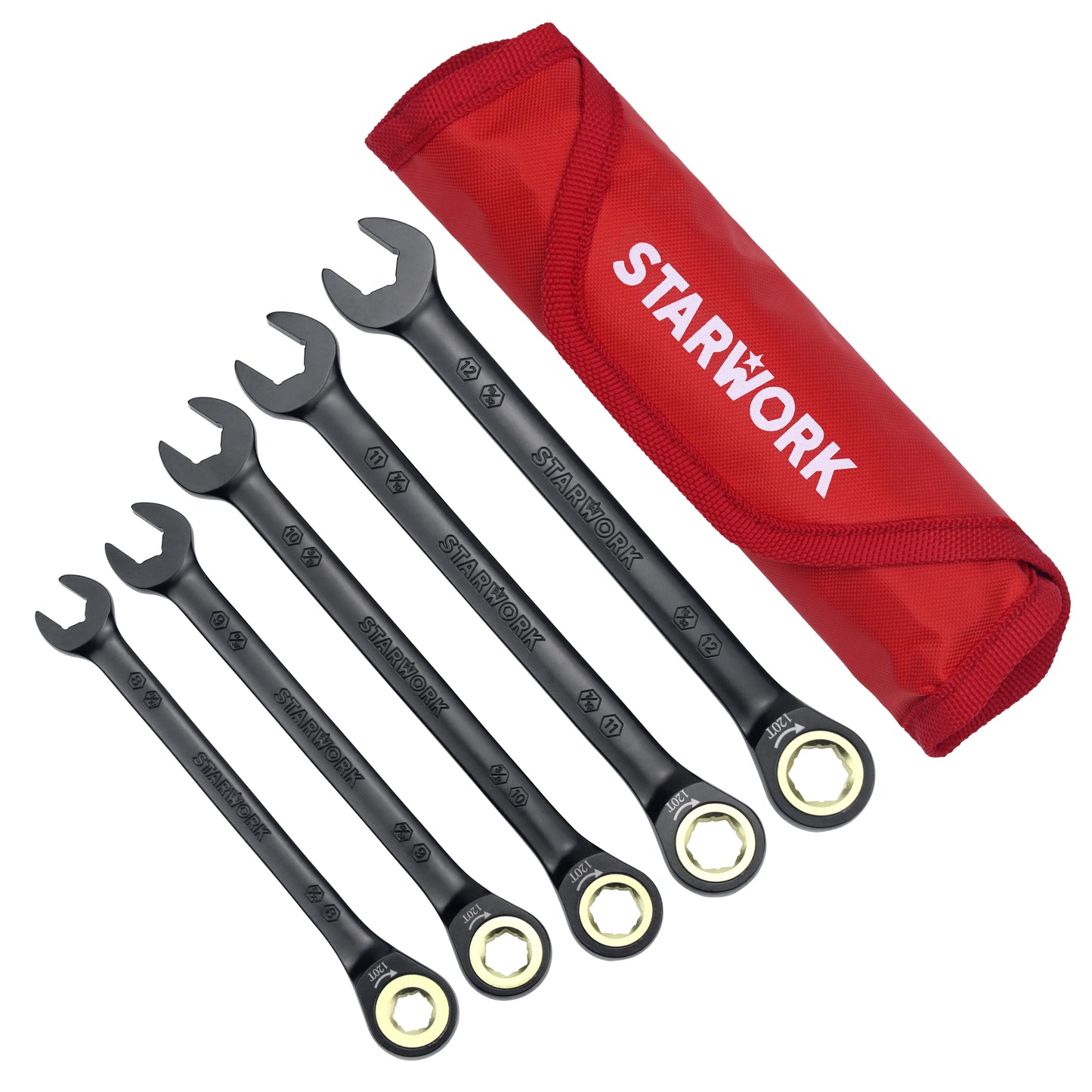 STARWORK TRUE MECHANIC™ 5Pc. 120T SAE&Metric Ratcheting Wrench Set, Professional, With Roll-Up Pouch Bag