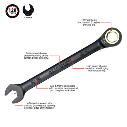 STARWORK TRUE MECHANIC™ 5Pc. 120T SAE&Metric Ratcheting Wrench Set, Professional, With Roll-Up Pouch Bag
