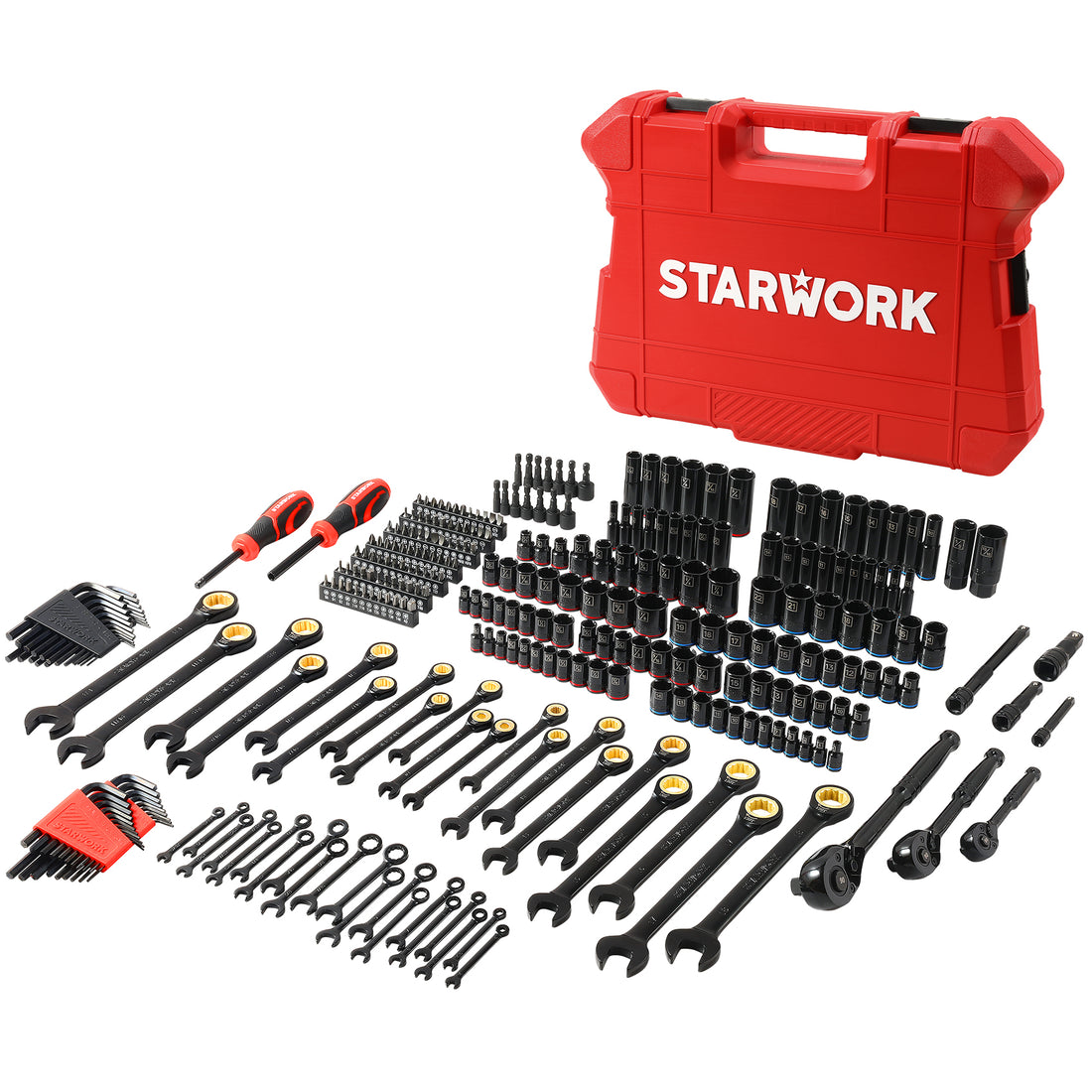 STARWORK TRUE MECHANIC™ 303-Piece Mechanics Tool Set, 120-Tooth Ratcheting Wrench Set, 1/4",  3/8", 1/2" Drive, Professional, SAE/Metric