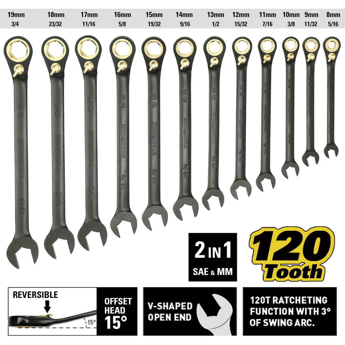STARWORK TRUE MECHANIC™ 12Pc. 120-Tooth Reversible SAE&Metric Ratcheting Wrench Set, Long Pattern, Professional, With Portable Roll-Up Pouch Bag