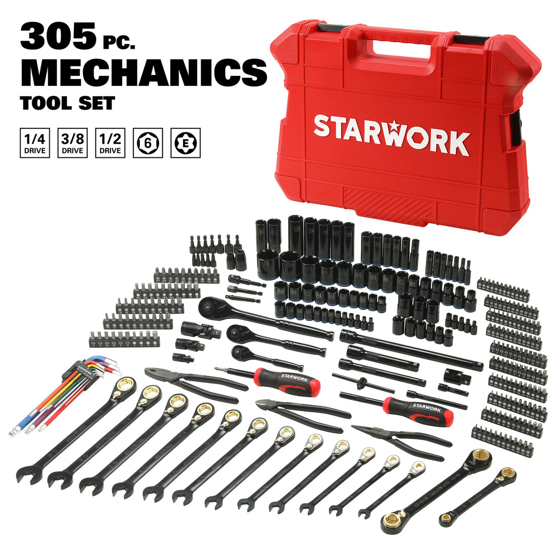 STARWORK TRUE MECHANIC™ 305-Piece Mechanics Tool Set, 120-Tooth 2-IN-1 Reversible Ratcheting Wrenches, Professional Metric Set