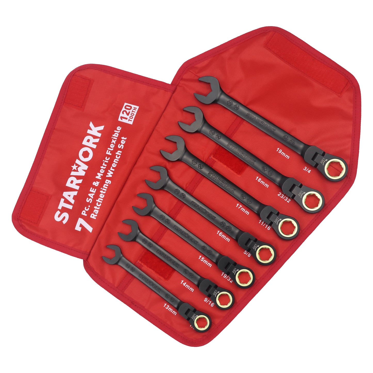 STARWORK TRUE MECHANIC™ 7Pc. 120T SAE&Metric Flexible Ratcheting Wrench Set, Professional, With Roll-Up Pouch Bag