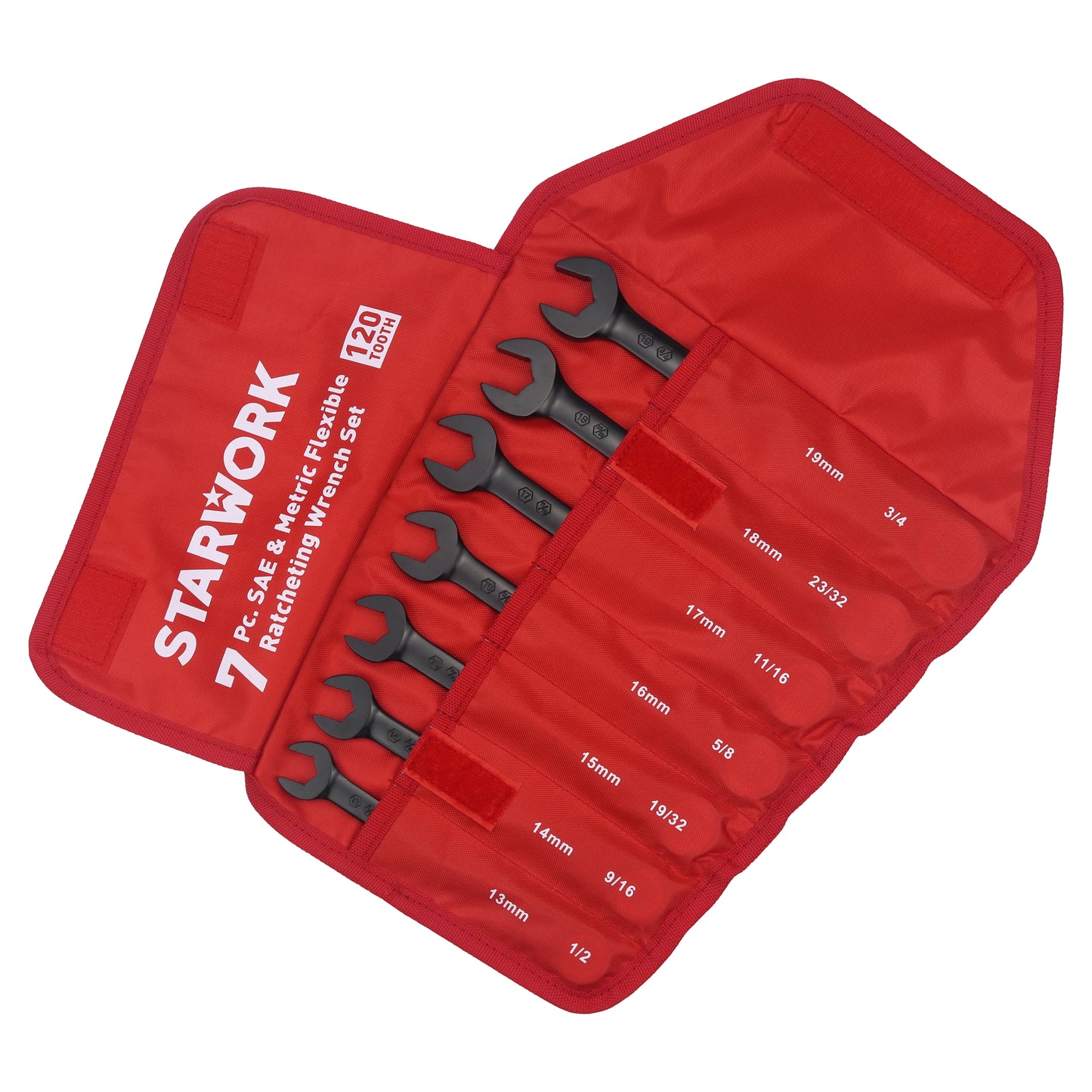 STARWORK TRUE MECHANIC™ 7Pc. 120T SAE&Metric Flexible Ratcheting Wrench Set, Professional, With Roll-Up Pouch Bag