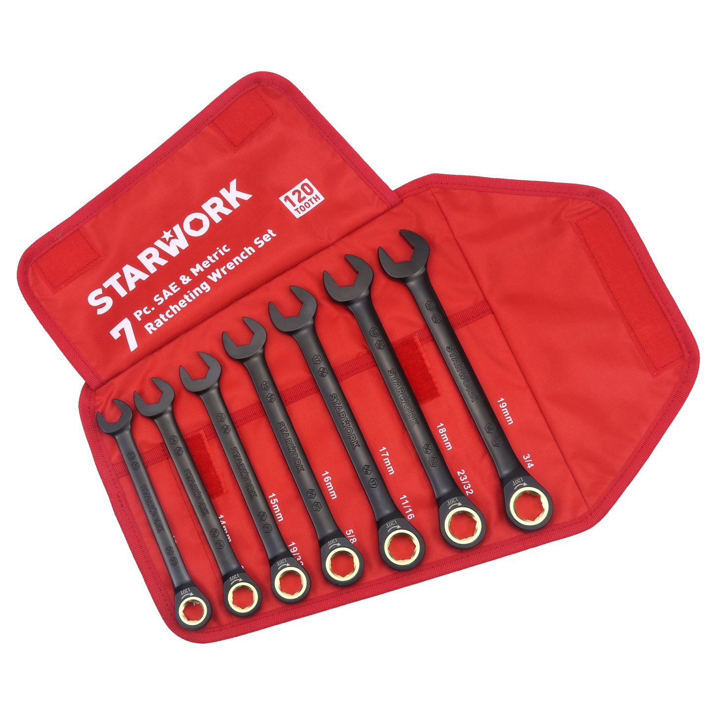 STARWORK TRUE MECHANIC™ 7Pc. 120T SAE&Metric Ratcheting Wrench Set, Professional, With Roll-Up Pouch Bag