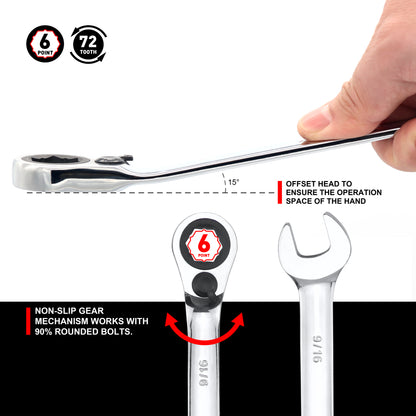 STARWORK TRUE MECHANIC™ 20 Pc. Reversible Ratcheting Combination Wrench Set, Non-Slip, Long Pattern, SAE, Metric, Professional, With Portable Roll-Up Pouch Bag
