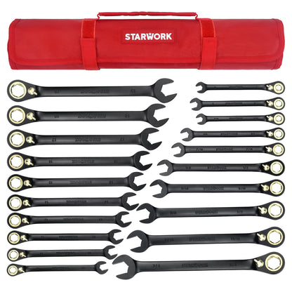 STARWORK TRUE MECHANIC™ 20 Pc. 120T Reversible Ratcheting Combination Wrench Set, Long Pattern, SAE, Metric, Professional, With Portable Roll-Up Pouch Bag