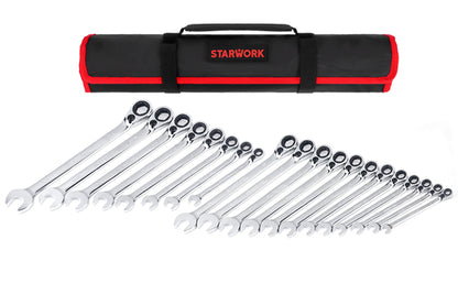 STARWORK TRUE MECHANIC™ 20 Pc. Reversible Ratcheting Combination Wrench Set, Non-Slip, Long Pattern, SAE, Metric, Professional, With Portable Roll-Up Pouch Bag