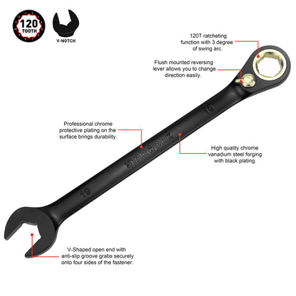 STARWORK TRUE MECHANIC™ 20 Pc. 120T Reversible Ratcheting Combination Wrench Set, Long Pattern, SAE, Metric, Professional, With Portable Roll-Up Pouch Bag